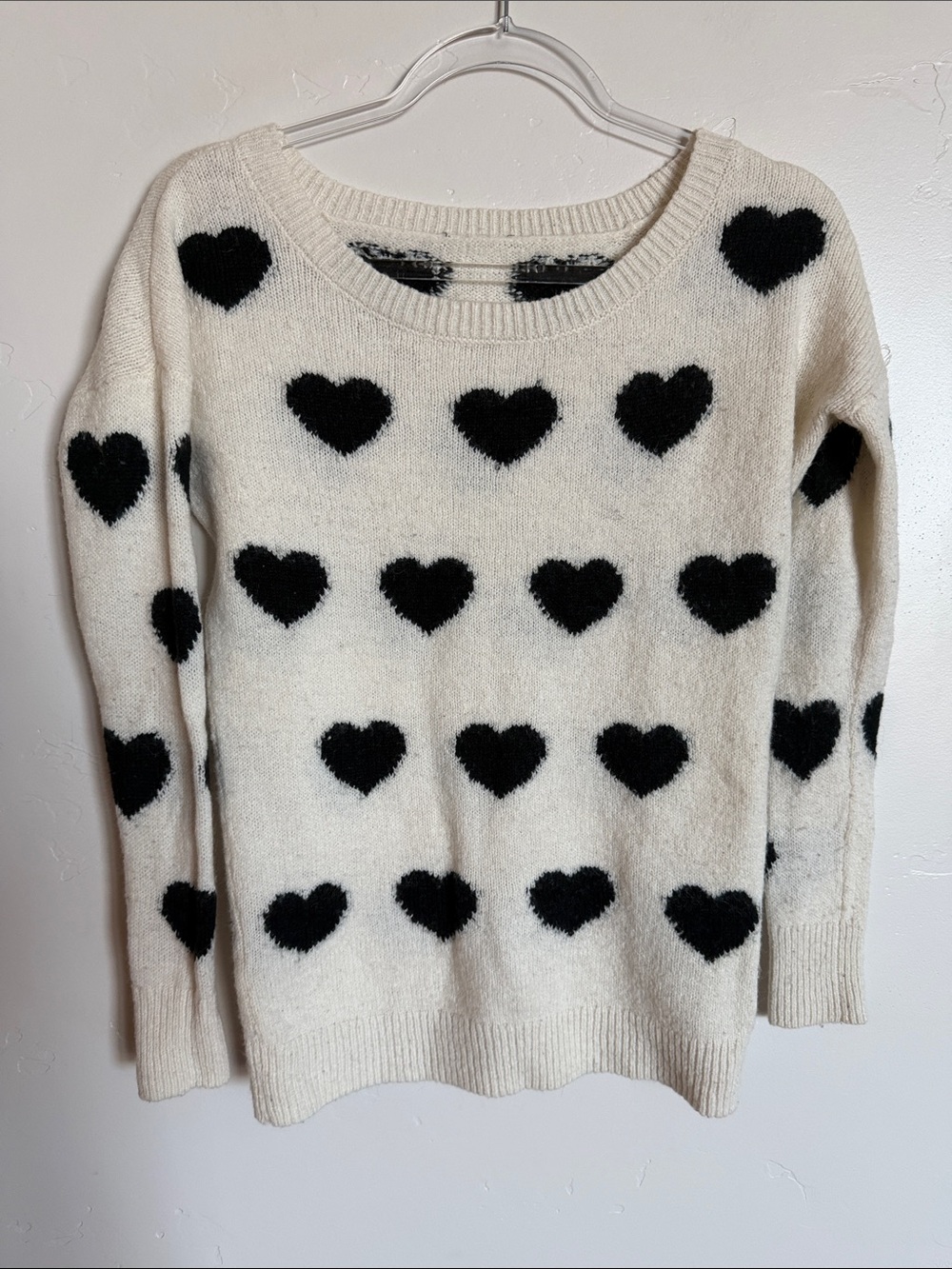 Express Cream Wool Blend Crewneck Sweater with Black Scatter Heart Motif